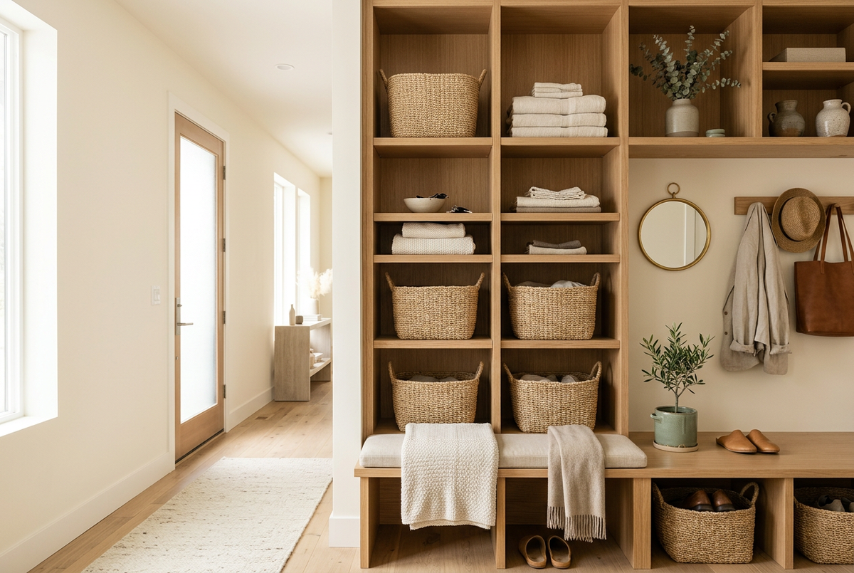 Organized entryway with woven storage baskets and oak shelving